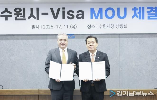이재준 수원시장(오른쪽)과 패트릭 스토리 비자 코리아 사장이 협약 체결 후 함께하고 있다.