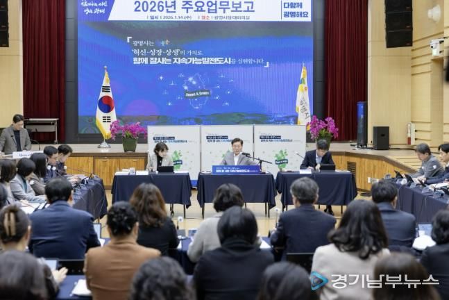 박승원 광명시장이 15일 시청 대회의실에서 2026년 주요업무보고를 주재하고 있다.