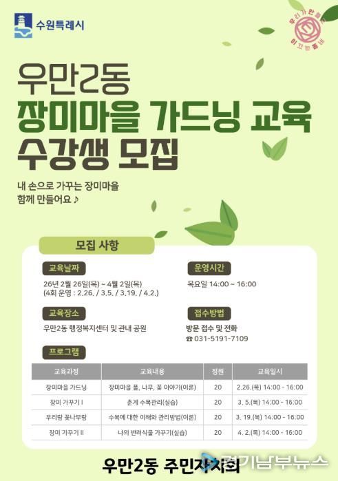 수원시 팔달구 우만2동, 2026년 장미마을 가드닝 교육 수강생 모집
