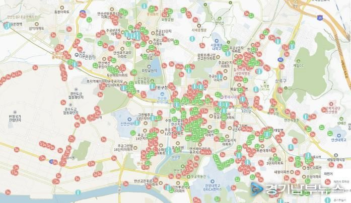 안산시 생활정보지도에 표시된 '자전거 편의시설 위치정보' 사진