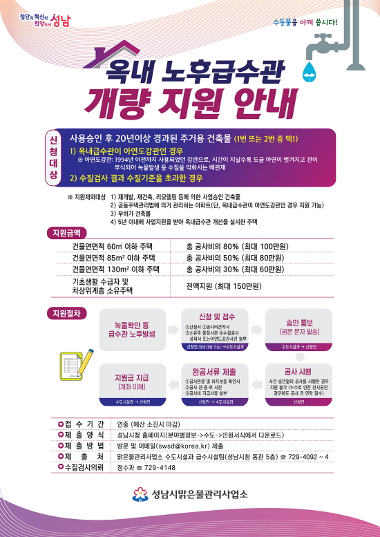 성남시 옥내 노후 급수관 개량 지원 안내 포스터