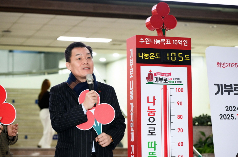 이재준 수원시장이 사랑의 온도탑 폐막식에서 인사말을 하고 있다.