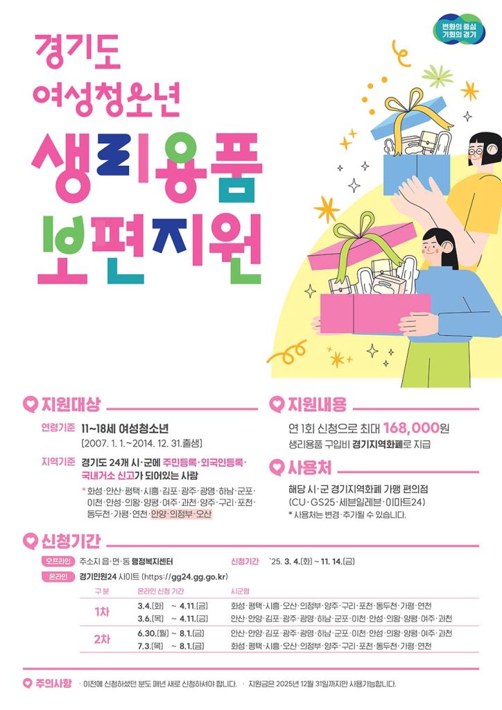 화성시, 여성청소년 생리용품 구입비 지원